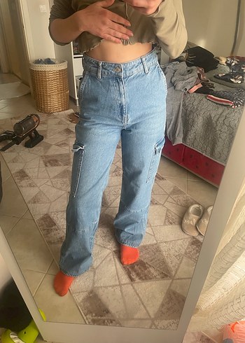 Mavi Düğmeli Bol Kesim Midi Kot Pantolon - Görsel 2