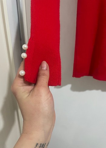 Kırmızı V Yaka Uzun Kollu Triko Kazak - Görsel 3