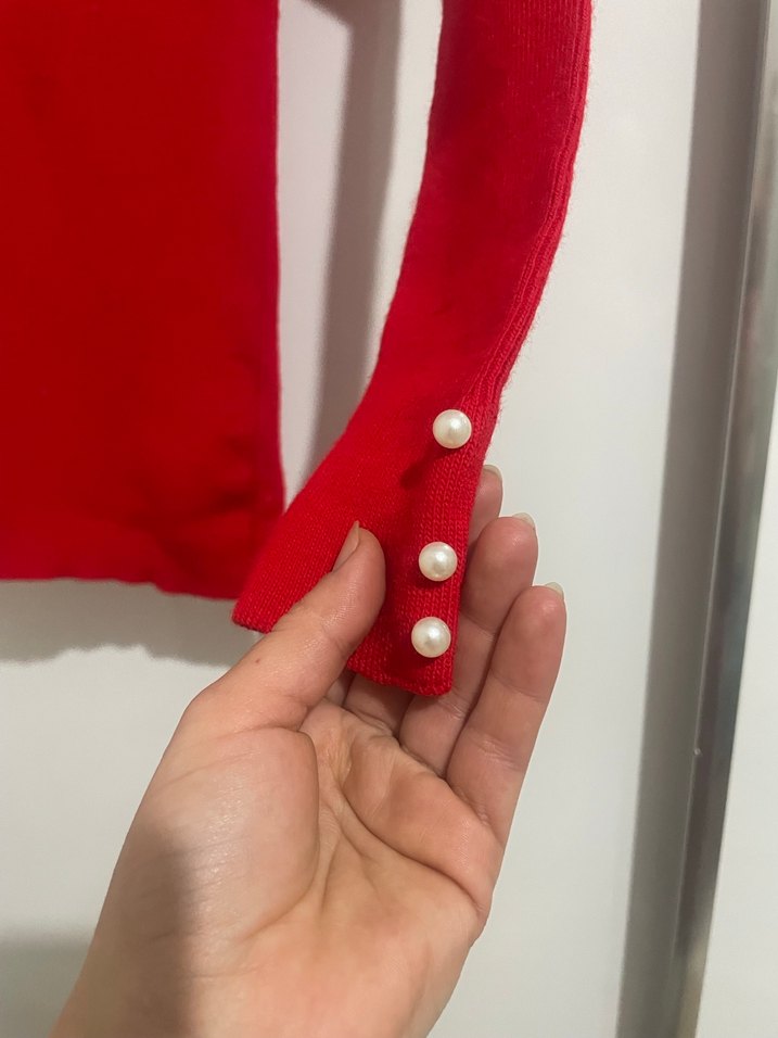 Kırmızı V Yaka Uzun Kollu Triko Kazak - Görsel 2