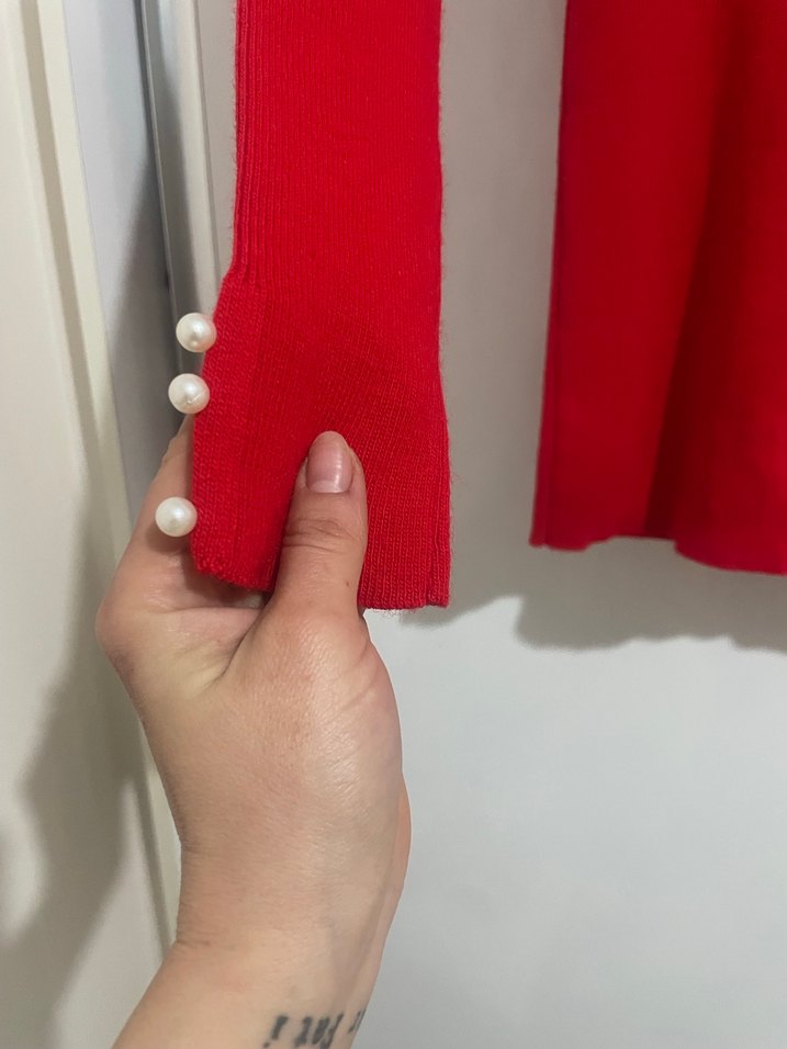Kırmızı V Yaka Uzun Kollu Triko Kazak - Görsel 3