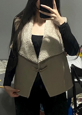 Kürklü Bej Deri Kadın Yelek - Görsel 4