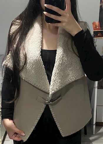 Kürklü Bej Deri Kadın Yelek - Görsel 3