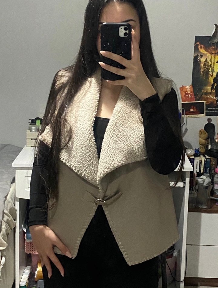 Kürklü Bej Deri Kadın Yelek - Görsel 2