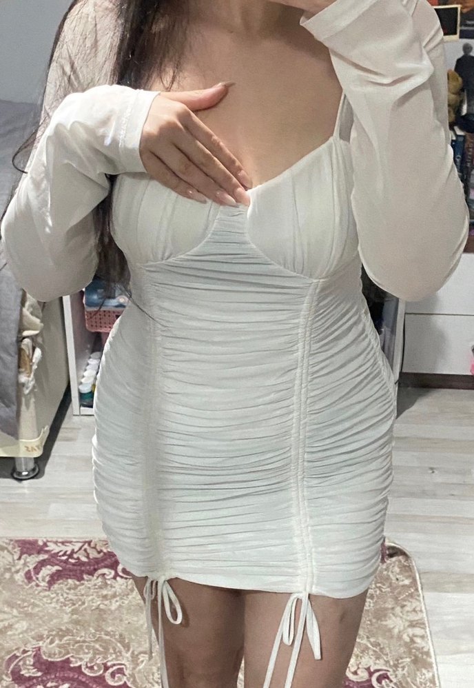 Uzun Kollu Beyaz V Yakalı Mini Elbise - Görsel 2