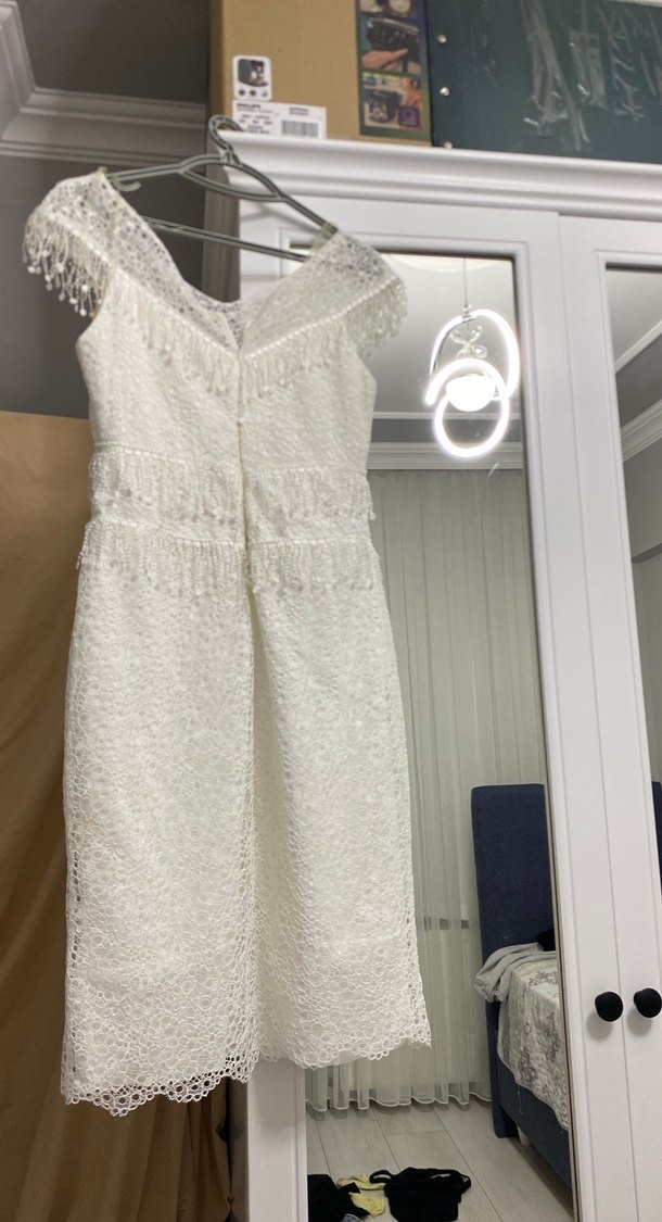 Dantel Detaylı Beyaz Midi Gelinlik - Görsel 2