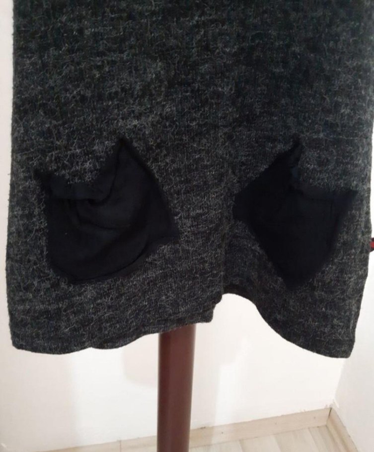 Düğmeli Siyah Kadın Yün Triko elbise - Görsel 4