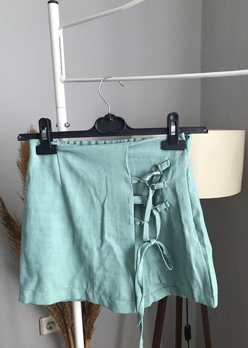 Sıfır Su Yeşili Keten Görünümlü Aksesuar Detaylı Şort Etek - Görsel 3