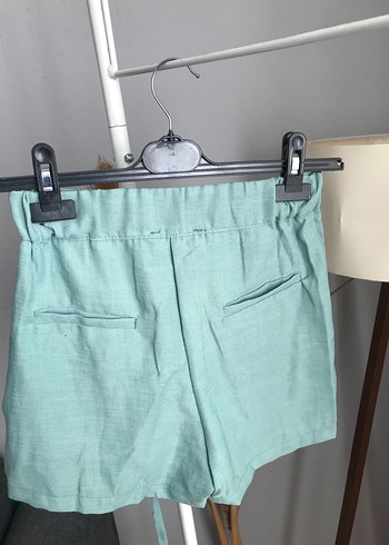 Sıfır Su Yeşili Keten Görünümlü Aksesuar Detaylı Şort Etek - Görsel 2