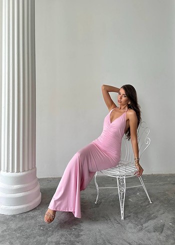 Sıfır Ürün Pembe Drapeli Uzun Strappy Elbise - Görsel 2