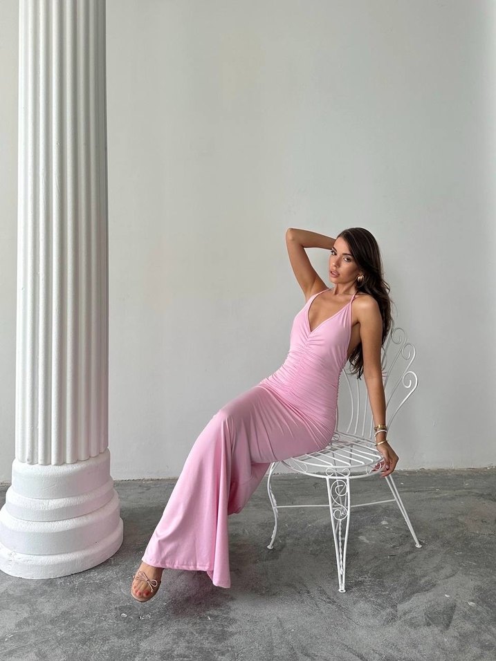 Sıfır Ürün Pembe Drapeli Uzun Strappy Elbise - Görsel 2