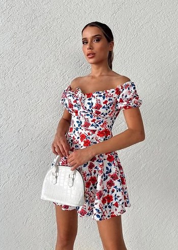 Sıfır Ürün Çiçek Desenli Beyaz Mini Straplez Elbise - Görsel 2