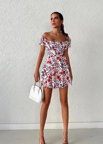 Sıfır Ürün Çiçek Desenli Beyaz Mini Straplez Elbise - Görsel 3