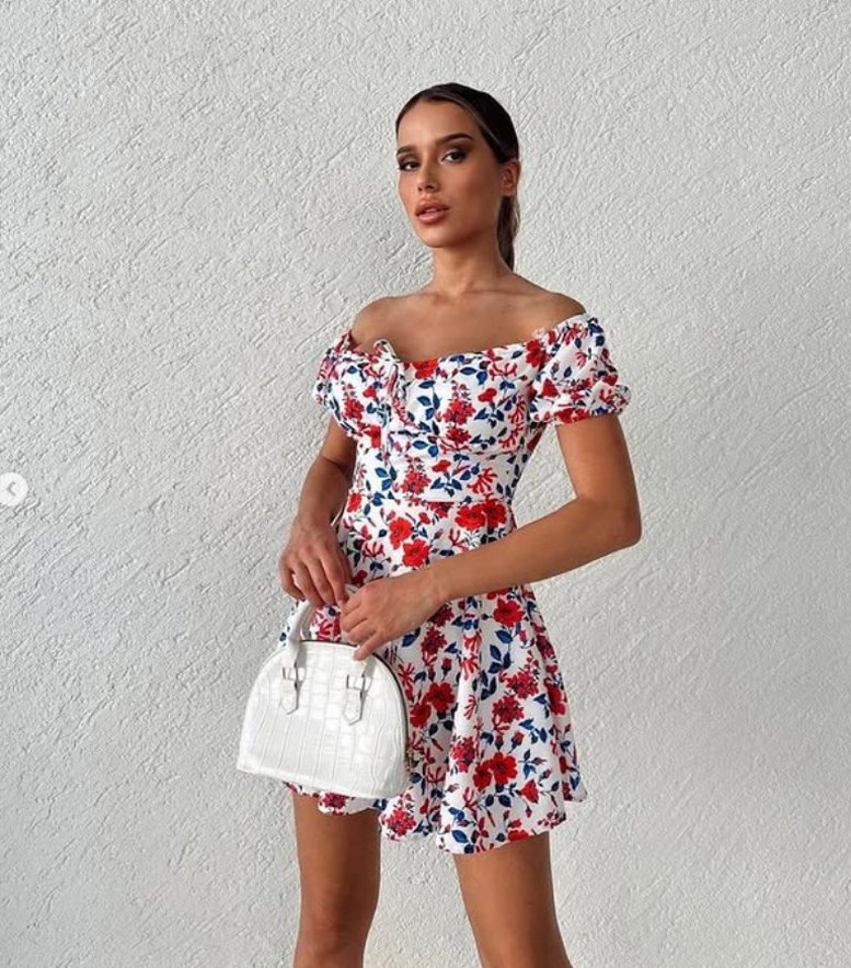 Sıfır Ürün Çiçek Desenli Beyaz Mini Straplez Elbise - Görsel 2