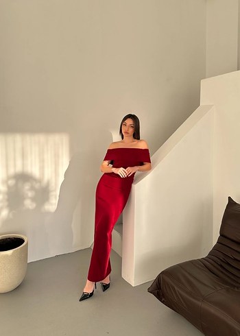 Sıfır Ürün Bordo Uzun Drapeli Kadın Abiye Elbise - Görsel 2