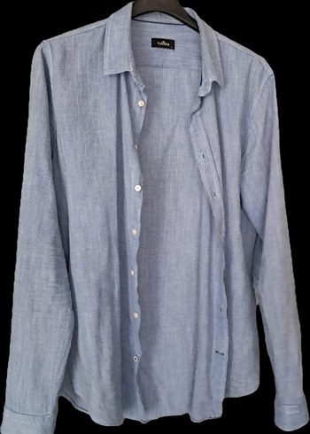 TUDORS MARKA Mavi Erkek Keten Gömlek, Düğmeli, Regular Fit - Görsel 2