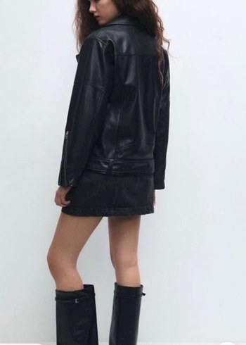 Kadın Siyah Deri Biker Ceket - Görsel 2