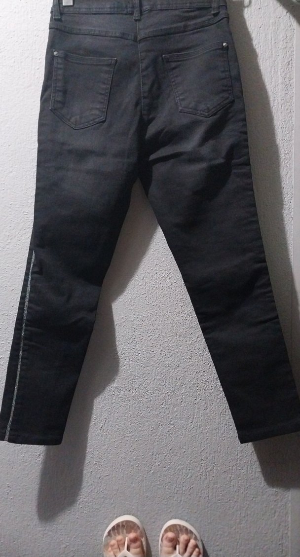 Çizgili Kemerli Siyah Kadın Kot Pantolon - Görsel 2