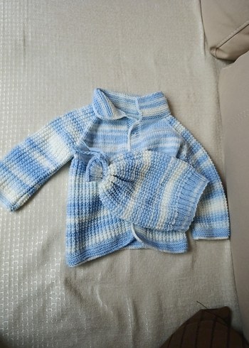 Mavi beyaz Erkek Çocuk Örgü Hırka ve Bere - Görsel 5