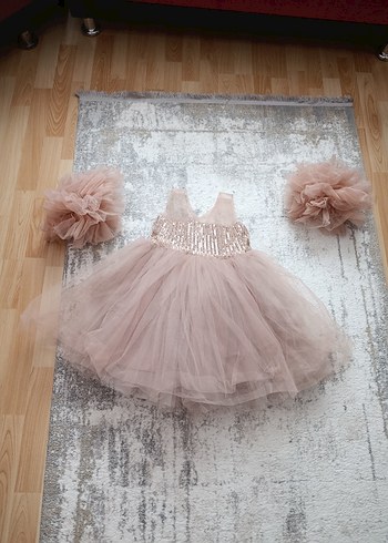 Kız Çocuk pudra pembesi Fırfırlı Abiye Elbise - Görsel 2