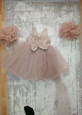 Kız Çocuk pudra pembesi Fırfırlı Abiye Elbise - Görsel 4