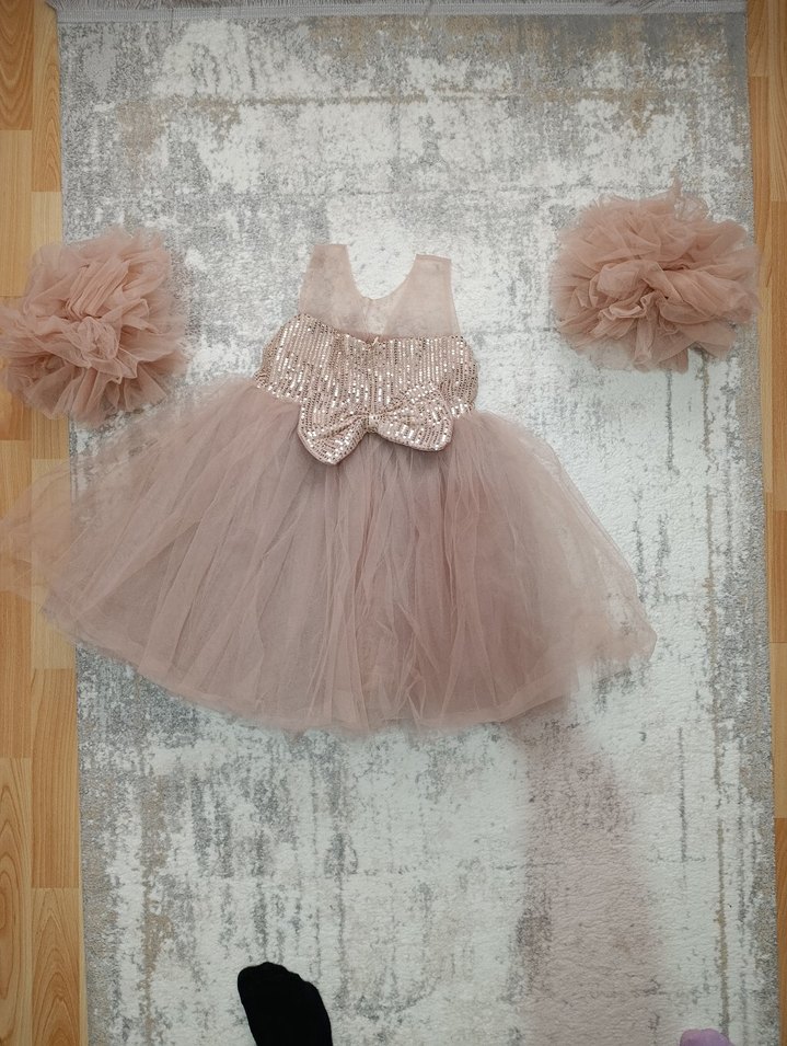 Kız Çocuk pudra pembesi Fırfırlı Abiye Elbise - Görsel 4