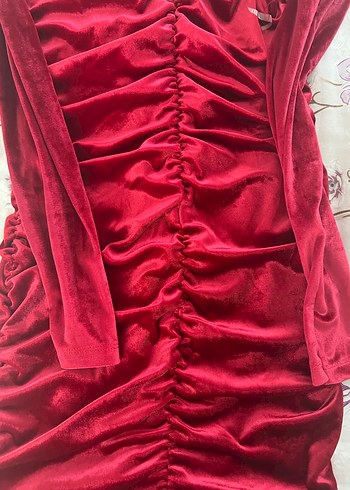 Bordo Drapeli V Yaka Mini Kadın Elbise - Görsel 3