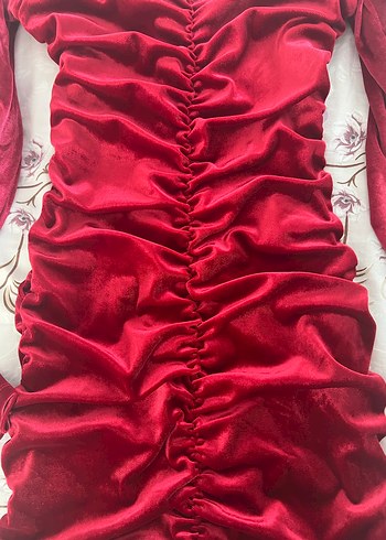 Bordo Drapeli V Yaka Mini Kadın Elbise - Görsel 2