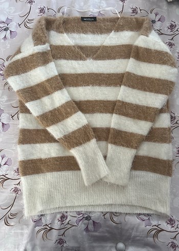 Yeşil Beyaz Çizgili Triko Kadın Kazak - Görsel 4