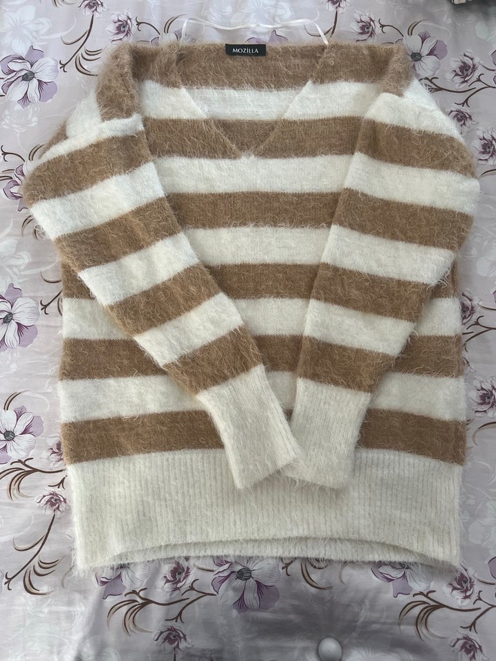 Yeşil Beyaz Çizgili Triko Kadın Kazak - Görsel 4