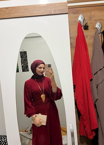 Bordo Drapeli Uzun Tesettür Abiye Elbise - Görsel 3