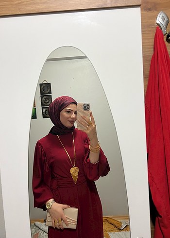 Bordo Drapeli Uzun Tesettür Abiye Elbise - Görsel 2