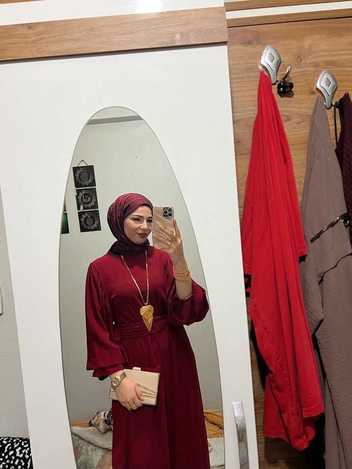 Bordo Drapeli Uzun Tesettür Abiye Elbise - Görsel 3