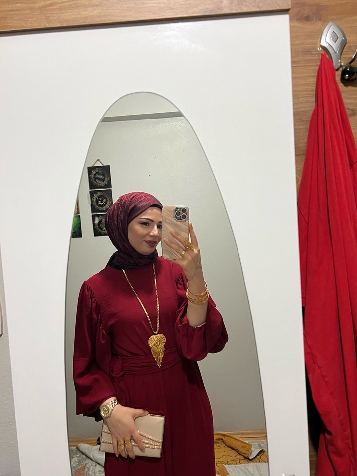 Bordo Drapeli Uzun Tesettür Abiye Elbise - Görsel 2