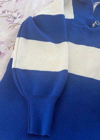 Mavi Beyaz Çizgili Örgü Kadın Kazak - Görsel 3