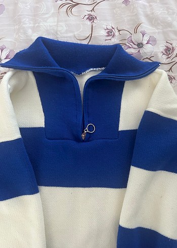 Mavi Beyaz Çizgili Örgü Kadın Kazak - Görsel 2