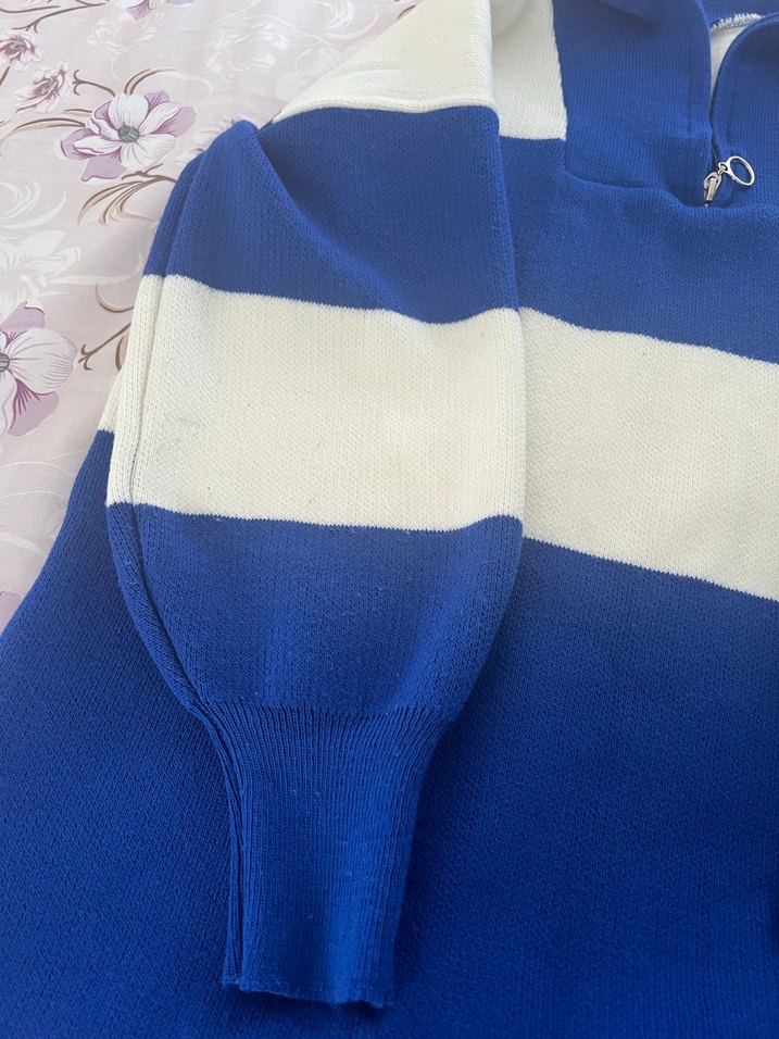 Mavi Beyaz Çizgili Örgü Kadın Kazak - Görsel 3