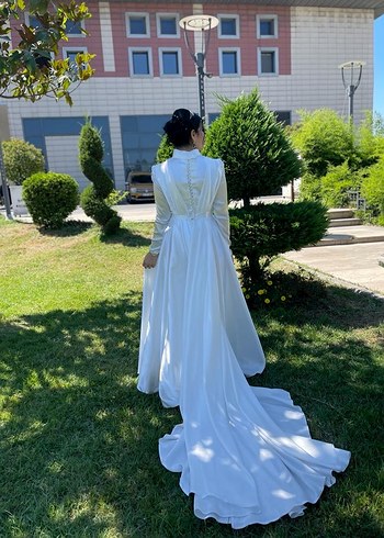 Uzun Kollu Yüksek Yakalı Beyaz Prenses nikah kıyafeti  - Görsel 3