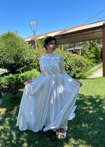 Uzun Kollu Yüksek Yakalı Beyaz Prenses nikah kıyafeti  - Görsel 2