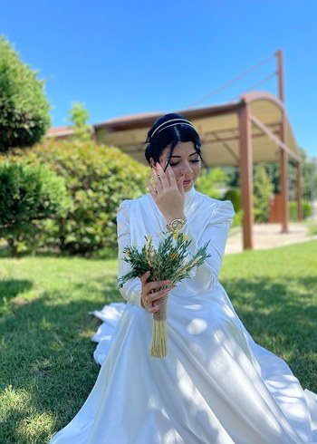 Uzun Kollu Yüksek Yakalı Beyaz Prenses nikah kıyafeti  - Görsel 5