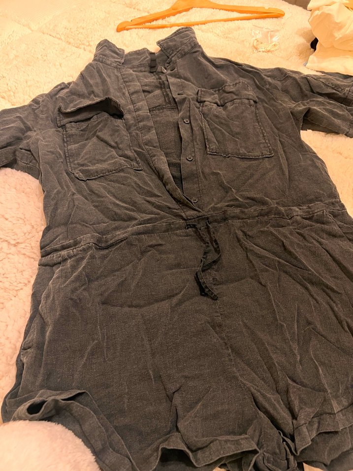 H&M Siyah Gri Kısa Kollu Keten Tulum - Görsel 2