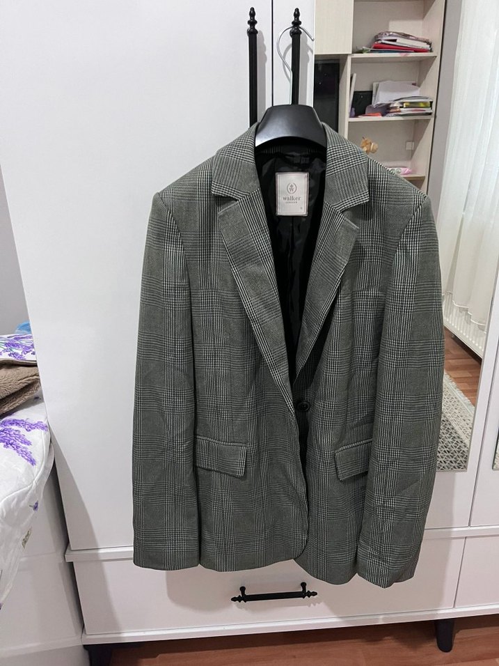 Kadın Haki Ekose  Desenli Düğmeli Blazer Ceket - Görsel 2