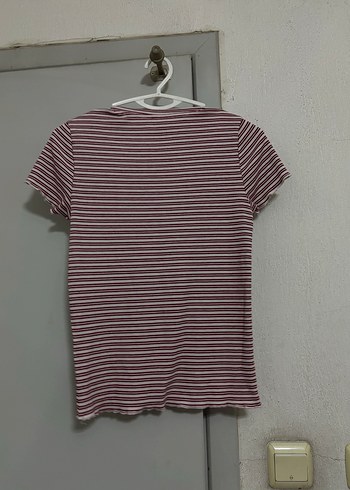 Bordo Çizgili Kadın Kısa Kollu Tişört - Görsel 2