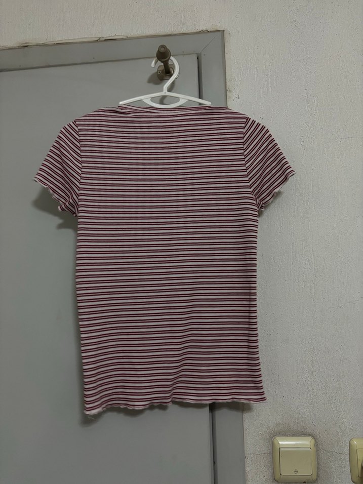 Bordo Çizgili Kadın Kısa Kollu Tişört - Görsel 2