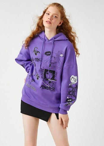 Mor Anime Baskılı Kapüşonlu Kadın Sweatshirt koton - Görsel 2