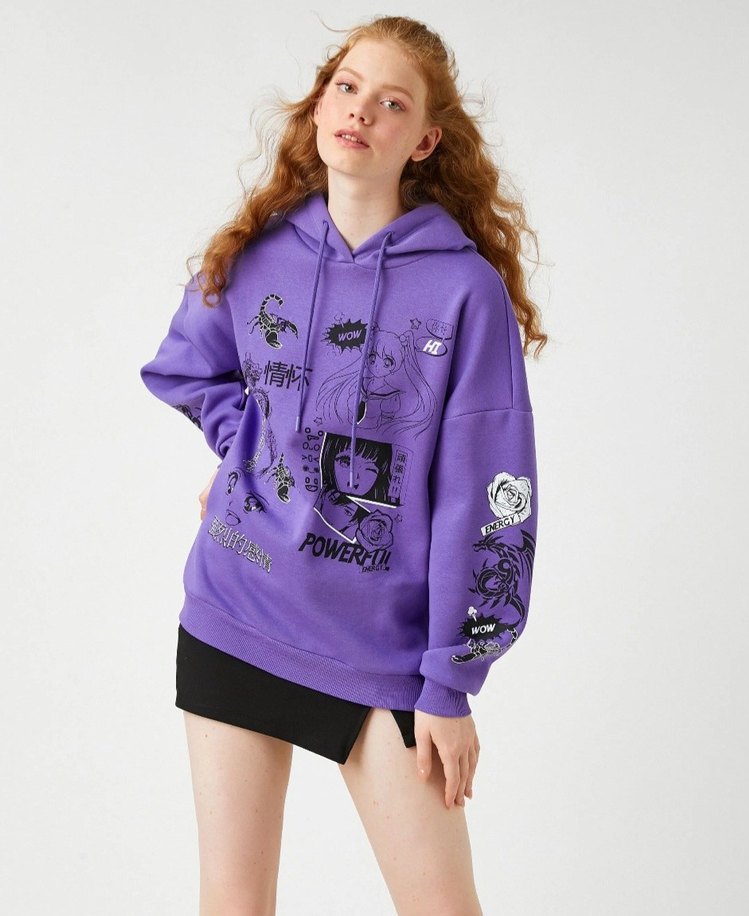 Mor Anime Baskılı Kapüşonlu Kadın Sweatshirt koton - Görsel 2