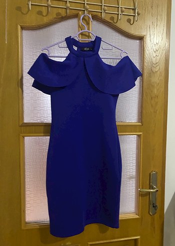 Mavi Drapeli Yüksek Yakalı Midi Abiye Elbise - Görsel 4