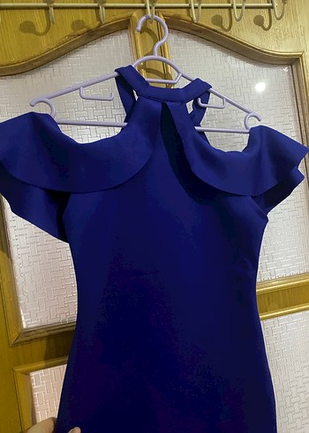 Mavi Drapeli Yüksek Yakalı Midi Abiye Elbise - Görsel 2