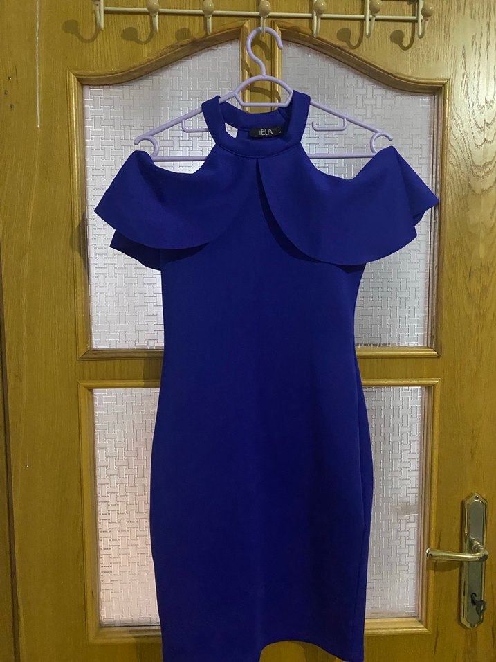 Mavi Drapeli Yüksek Yakalı Midi Abiye Elbise - Görsel 3