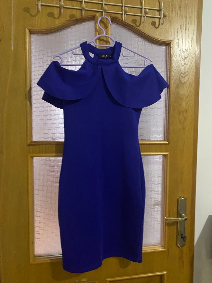 Mavi Drapeli Yüksek Yakalı Midi Abiye Elbise - Görsel 4