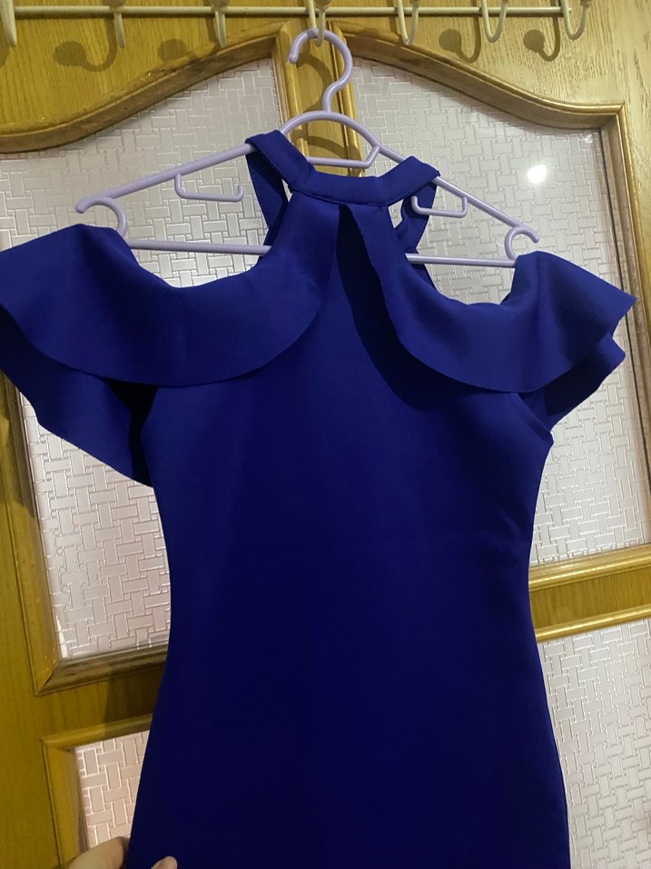 Mavi Drapeli Yüksek Yakalı Midi Abiye Elbise - Görsel 2